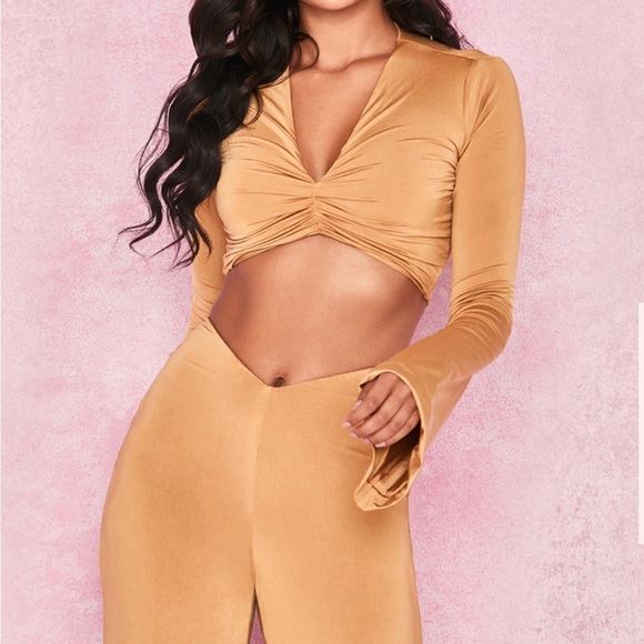 NWOT House Of CB CHIAKI & KAIYA Mustard Silky Jersey Ruched Set - Picture 5 of 10